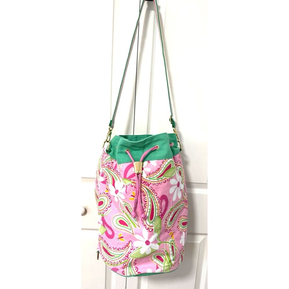 Lilly Pulitzer Beach Bag Bucket Tote Canvas Drawstring Paisley Floral Pink Green